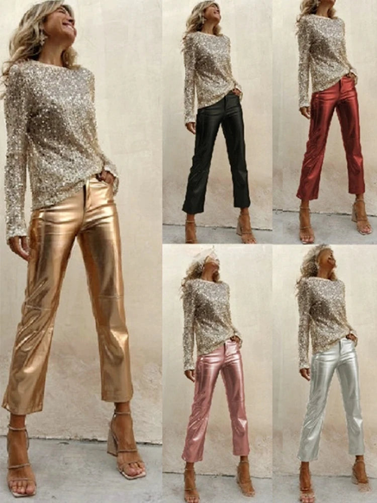 PU Faux Leather Pants - Zipper Classic Leather Slim Cropped Pants