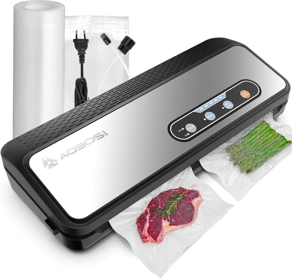 Vacuum Sealer Machine, Aobosi Powerful 90Kpa 8-IN-1 Food Vacuum Sealer for Dry/Moist Food, Built-in Cutter and Bag Storage