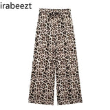 High Waist Bow Lace-up Linen Blend Leopard Print Wide Leg Pants