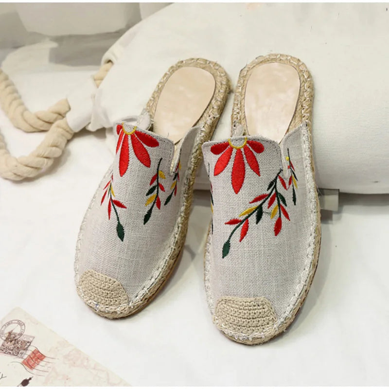 Women’s Embroidered Hemp Flat Slippers