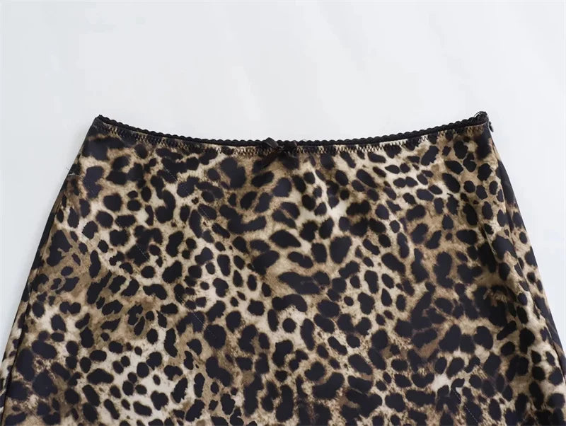 Leopard Print Satin Midi Skirt