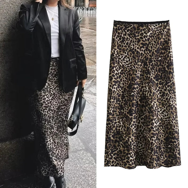 Leopard Print Satin Midi Skirt