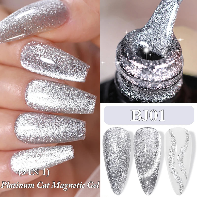 3 IN 1 Platinum Rose Gold Magnetic Gel Nail Polish - Moonlight Magnetic Gel Varnish with Glitter