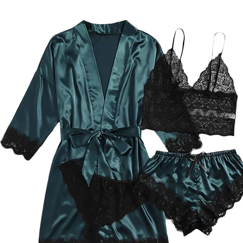 Lace Camisole, Shorts, and Robe Pajama Set