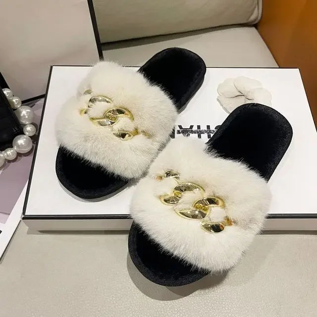 Fluffy Fur Slippers - Fashion Chain Design Women Home Slippers