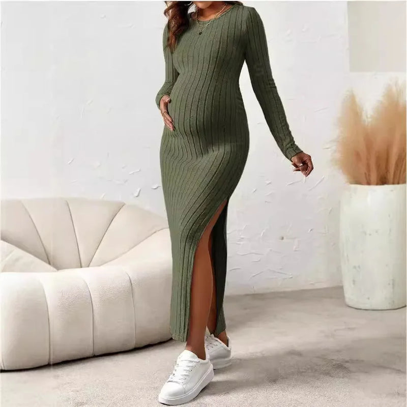 Long Sleeve Rib Knit Solid Color Maternity Dress