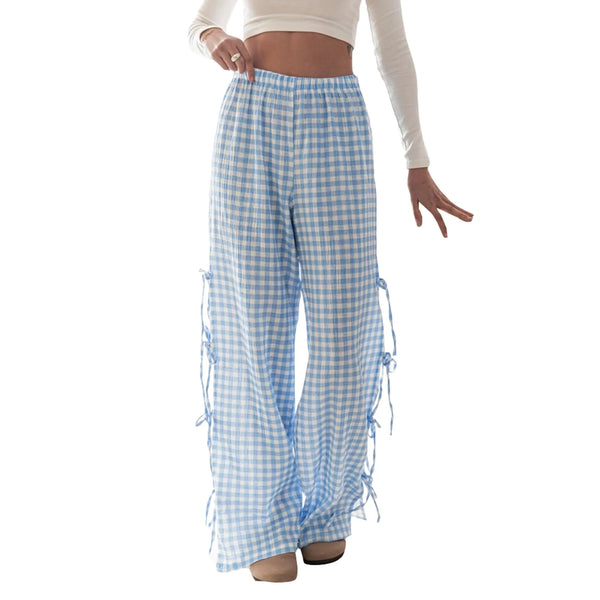 Women's Plaid Stripe with Side Ties Wide Leg Lounge Pants – Summer Casual Pajama Pants