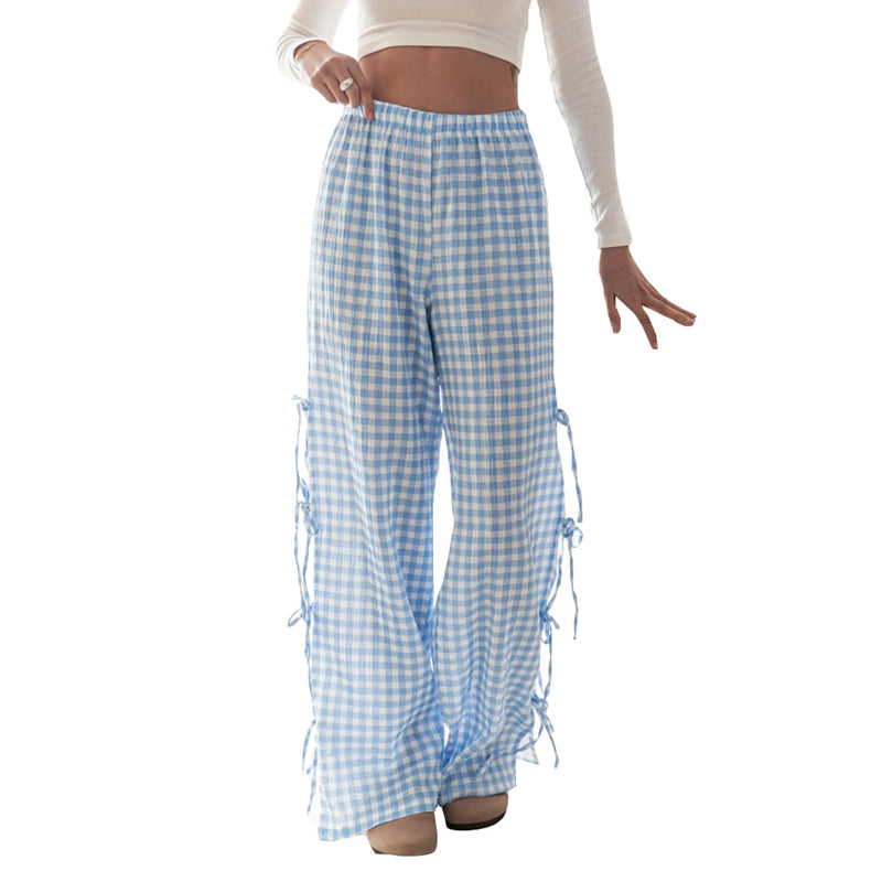 Women's Plaid Stripe with Side Ties Wide Leg Lounge Pants – Summer Casual Pajama Pants