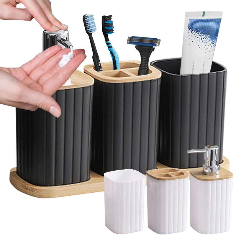 Bathroom Set Soap Dispenser, Toothbrush Cup, and Bamboo Tray Set