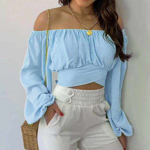 Off Shoulder Ruched Tie Back Crop Top