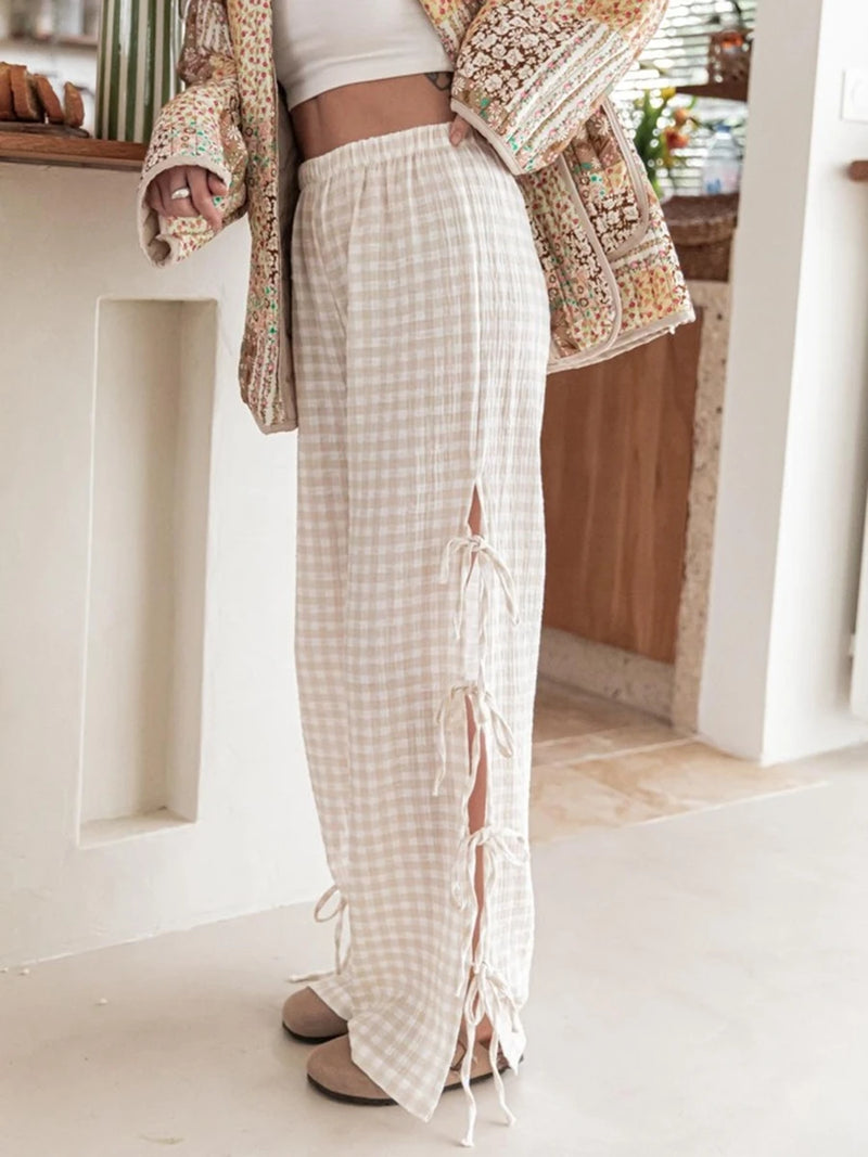 Women's Plaid Stripe with Side Ties Wide Leg Lounge Pants – Summer Casual Pajama Pants