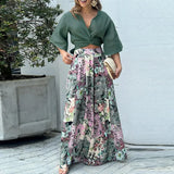 Twisted Open Top and Flower Printed Wide Leg Pants Set