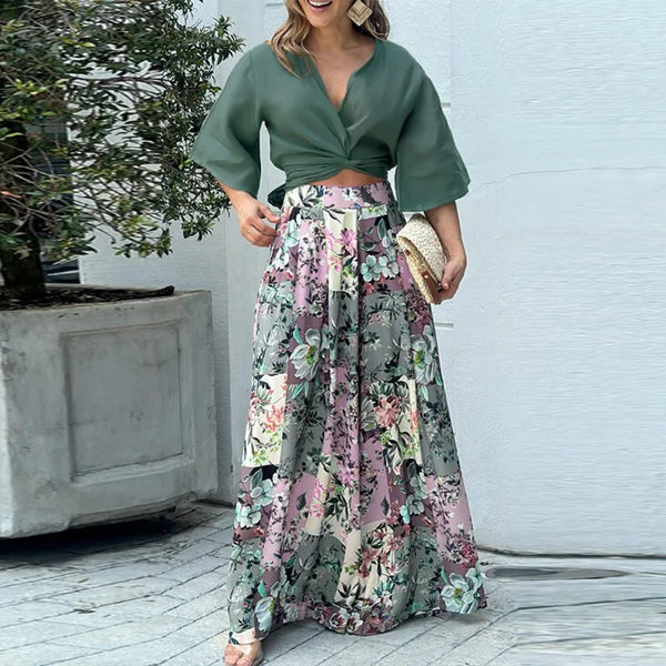 Twisted Open Top and Flower Printed Wide Leg Pants Set