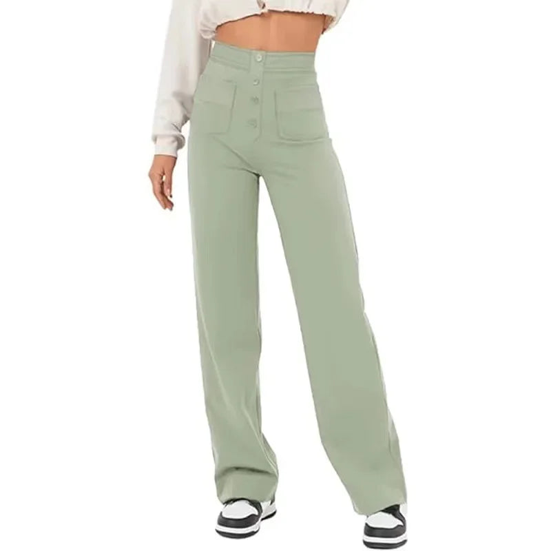 Fashionable New Women's Straight-leg Casual Pants - High-waisted, Buttoned, Elastic Waist with Multiple Pockets