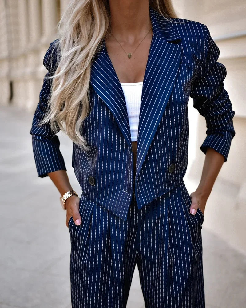 Striped Print Turn Down Collar Slim Fit Casual Coat & Straight Pants Suit