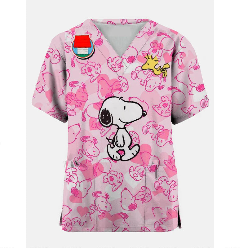 Snoopy Cartoon Print Scrub Tops