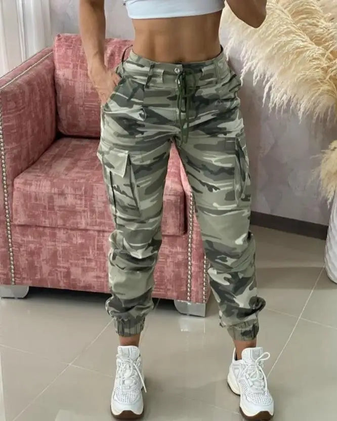 Camouflage Print Drawstring Pocket Design Cargo Pants