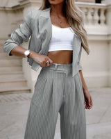 Striped Print Turn Down Collar Slim Fit Casual Coat & Straight Pants Suit