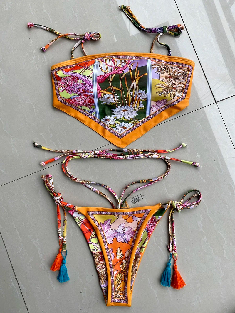 Printed Crop Top Bikini Set