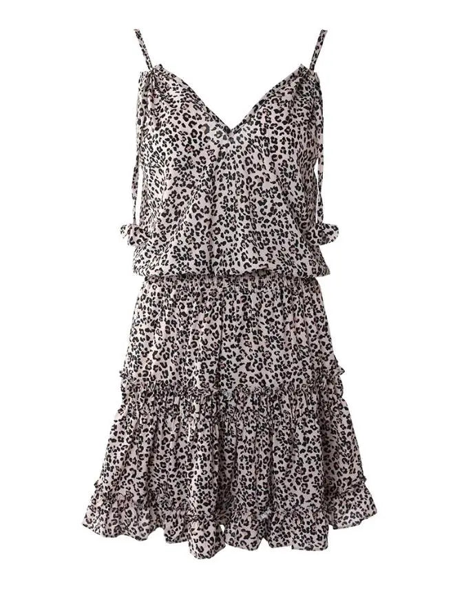 V-Neck Leopard Print Frill Hem Ruffles Ruched Mini Dress