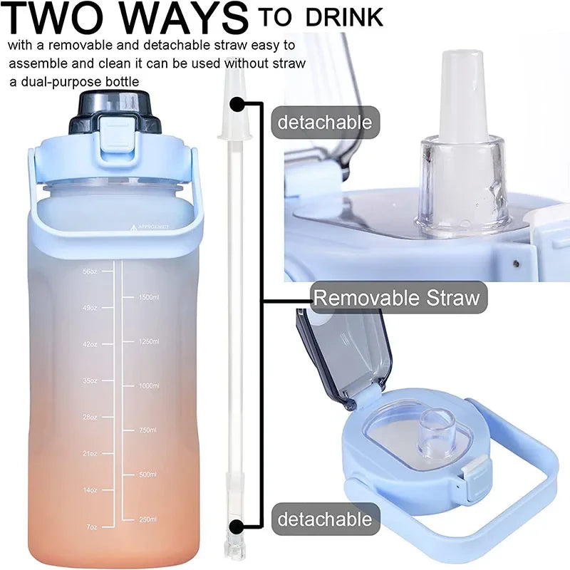 2 Liter Water Bottle with Straw - Cold Water with Time Scale