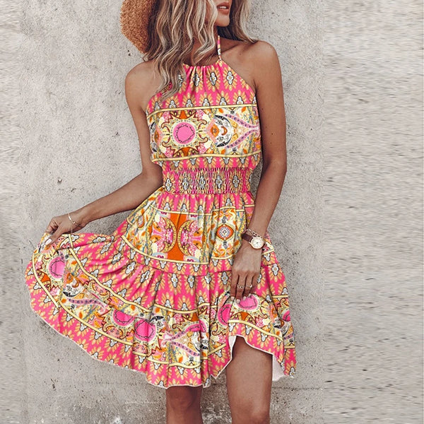 Boho Summer Floral Print Mini Dress