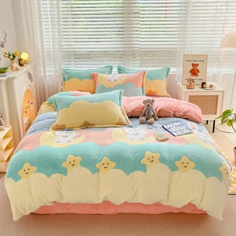 Thick Fleece Flower Duvet Cover for Girls – Pink Winter Warm Quilt Cover