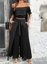 Solid Color Crop Top Wide Leg Pants Set