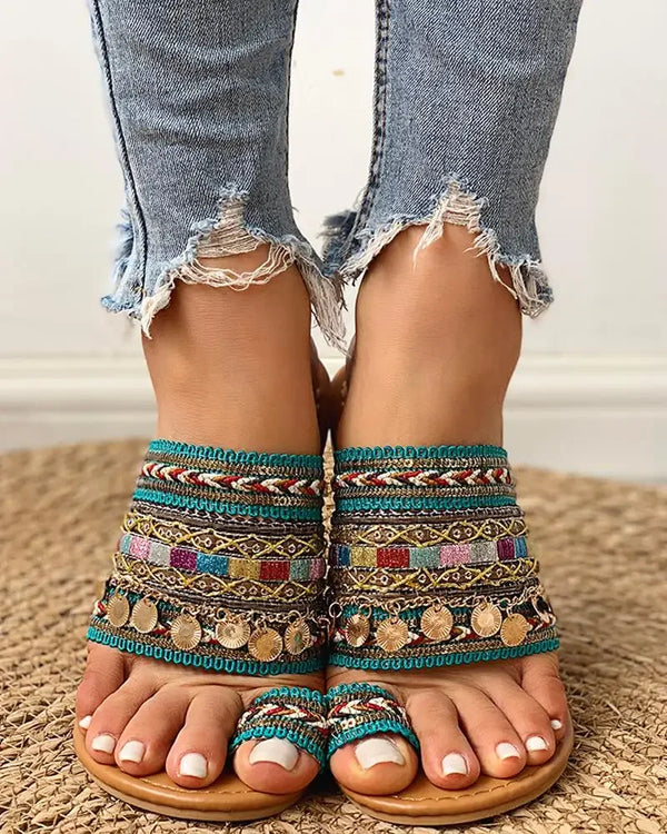 Ethnic Boho Style Toe Ring Slippers