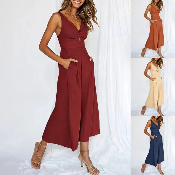 V Neck High-Waist Wide Leg Jumpsuit