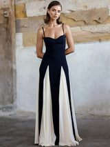 Elegant Patchwork Spaghetti Strap Long Dress