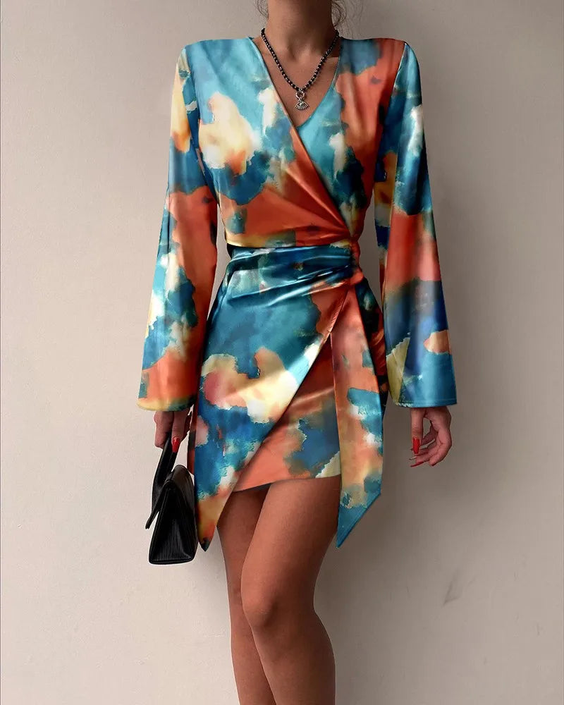 Vintage Long Sleeve Printed Slim Mini Dress