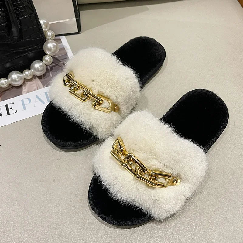 Fluffy Fur Slippers - Fashion Chain Design Women Home Slippers