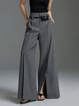 Grey Trousers Loose High Waisted Split-Front Pleated Wide Leg Classic Pants