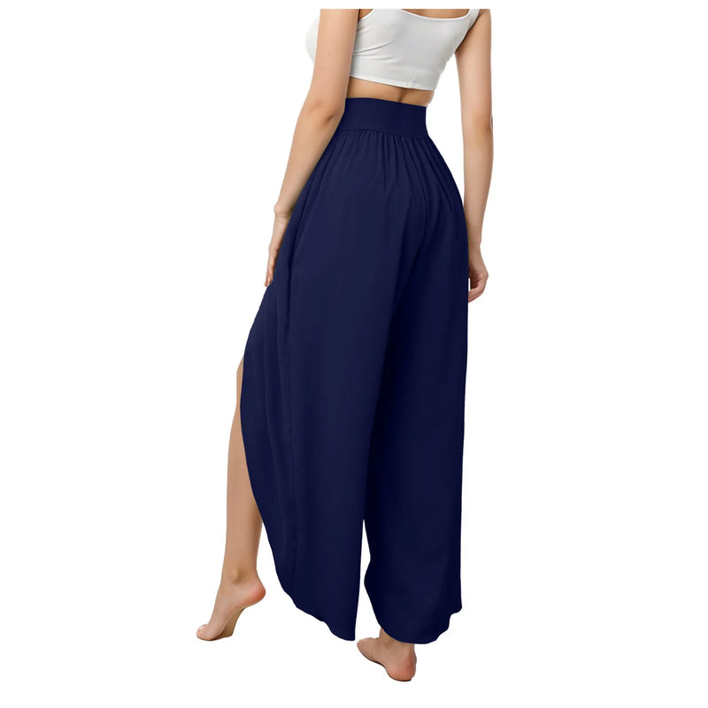 Wide Leg Pants with Front Slit High Waisted Pleated - Boho Beach Yoga Pants