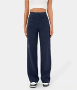 Fashionable New Women's Straight-leg Casual Pants - High-waisted, Buttoned, Elastic Waist with Multiple Pockets