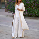 3 Pcs Casual pant set Long Sleeve Cardigan, Coat Sling Top, and Wide Leg Pants