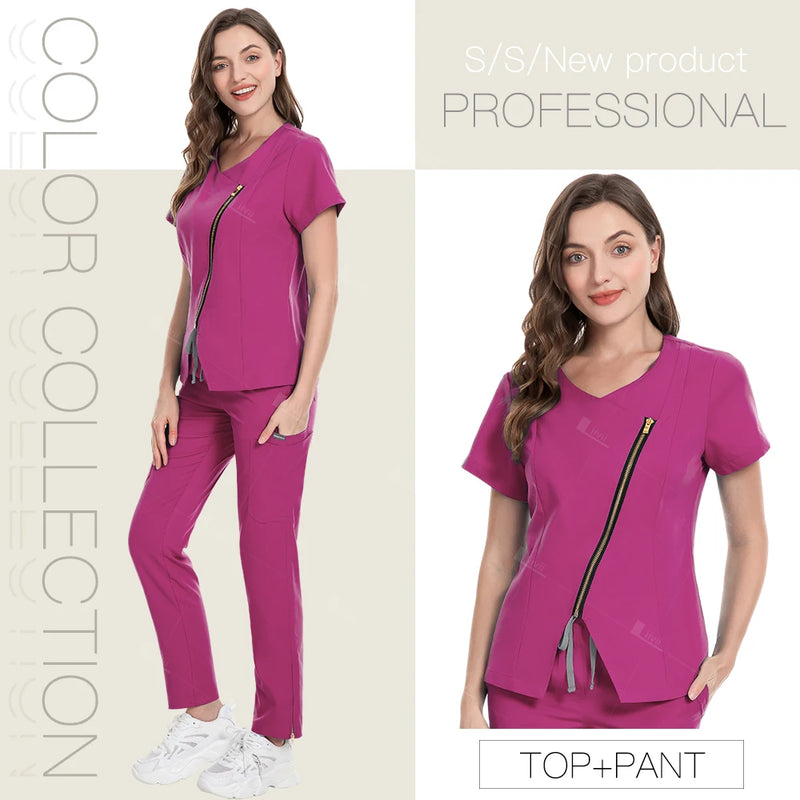 Medical Scrubs Set: Zippered Top with Tapered Leg Pants