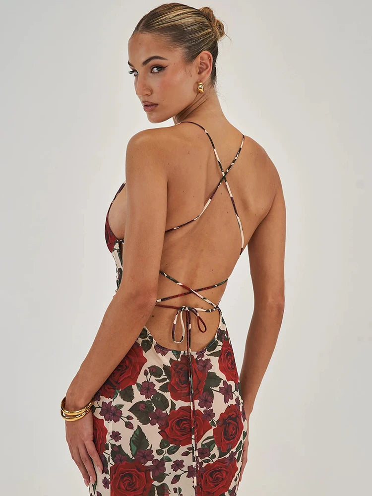 Spaghetti Strap Backless Print Dress