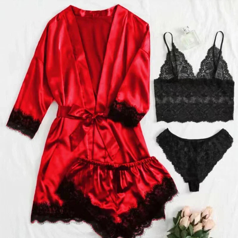 Lace Camisole, Shorts, and Robe Pajama Set