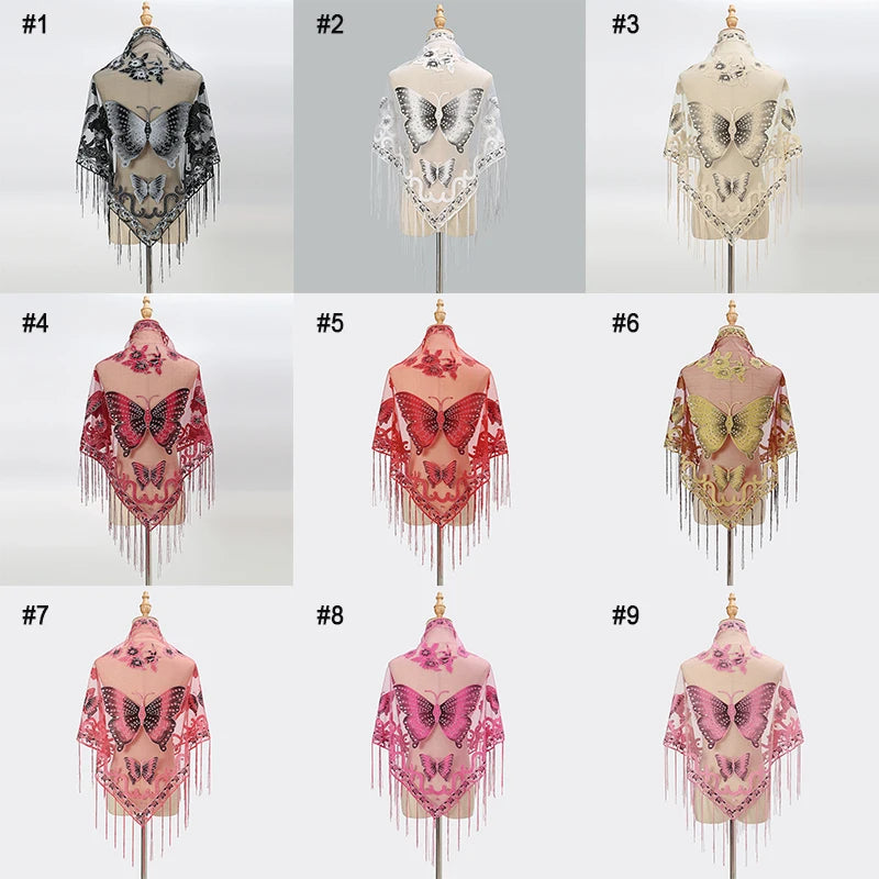 Butterfly Lace Scarf Triangle Tassel Shawl