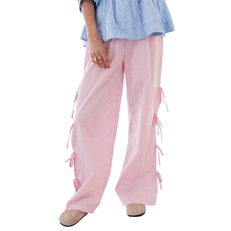 Women's Plaid Stripe with Side Ties Wide Leg Lounge Pants – Summer Casual Pajama Pants