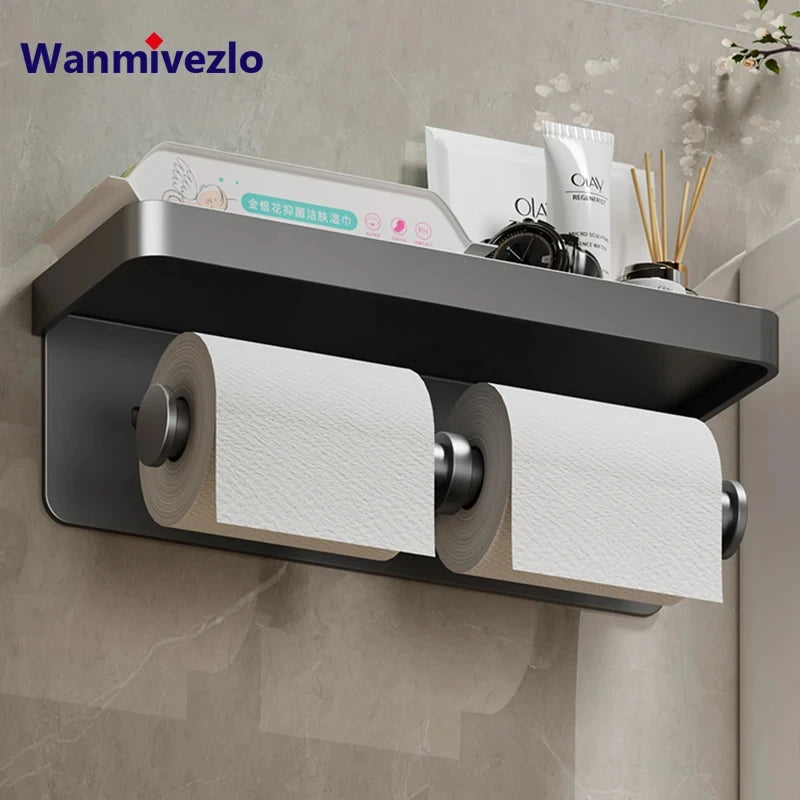 Wall Mounted Double Toilet Paper Roll Holder with Storage Tray