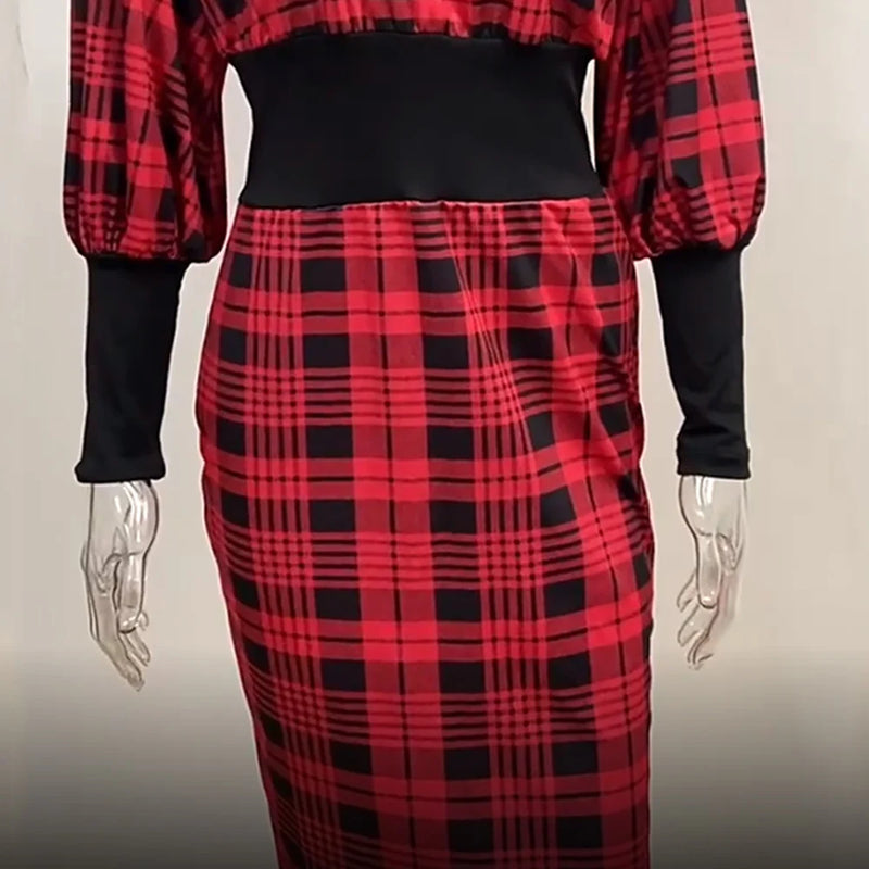 Plaid Lace-Up V-Neck Lantern Sleeve Bodycon Dress