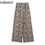 High Waist Bow Lace-up Linen Blend Leopard Print Wide Leg Pants