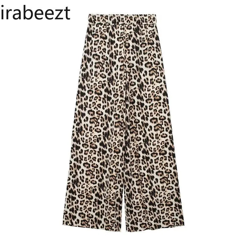 High Waist Bow Lace-up Linen Blend Leopard Print Wide Leg Pants