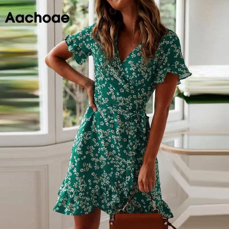 Aachoae Summer V-Neck Floral Print Mini Dress