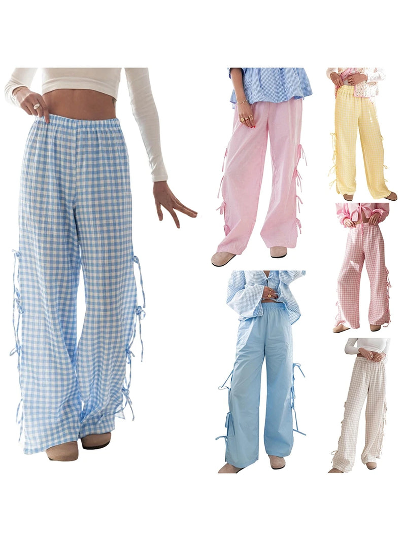 Women's Plaid Stripe with Side Ties Wide Leg Lounge Pants – Summer Casual Pajama Pants