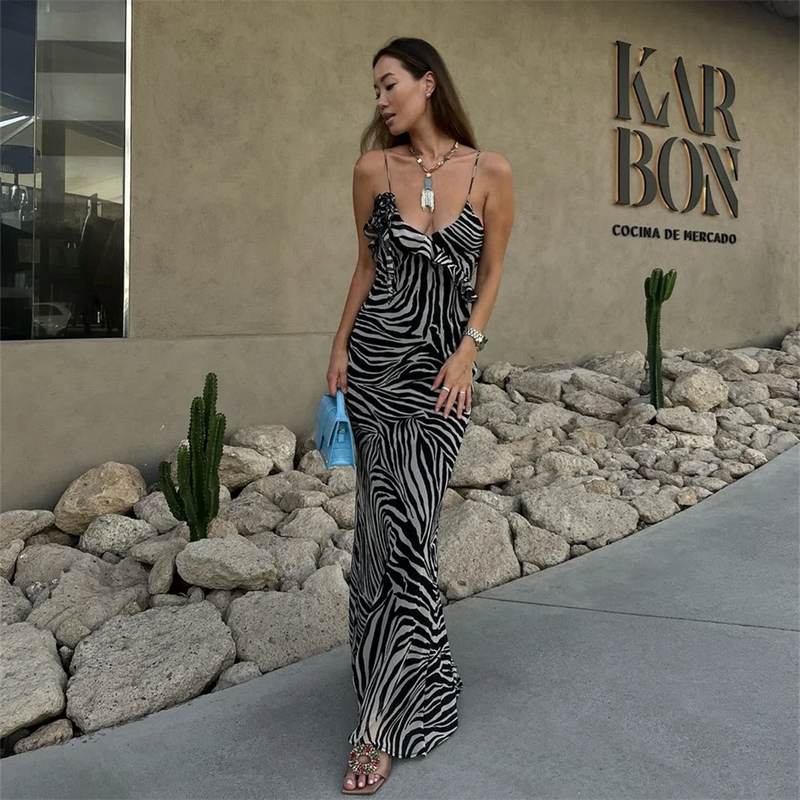 Slim Fit Long Ruffle Animal Print Backless Dress