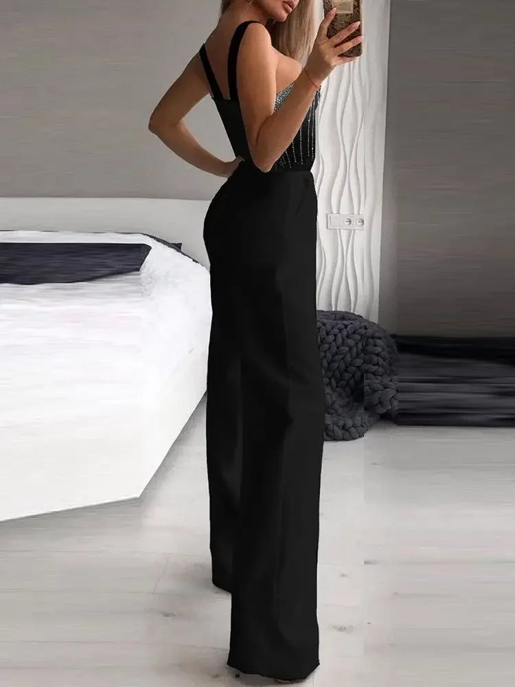 Black Multi Strap Sleeveless Rhinestone Bootcut Jumpsuit